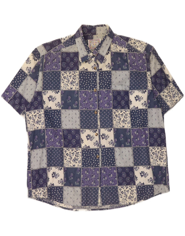 VINTAGE Женская рубашка с коротким рукавом UK 20 2XL Синяя лоскутная хлопковая ткань