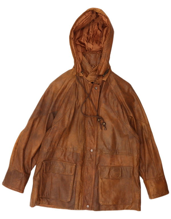 Винтажная женская кожаная куртка свободного кроя с капюшоном, Великобритания, 16, большая коричневая кожа
