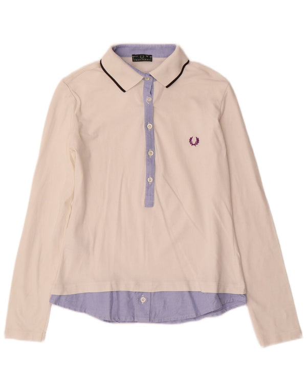 Женская рубашка-поло с длинным рукавом Fred Perry UK 12, средний белый цвет с цветными блоками