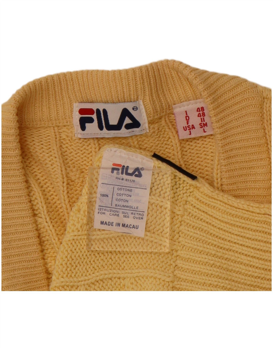 FILA Mens V-Neck Jumper Sweater IT 48 Small Yellow Cotton