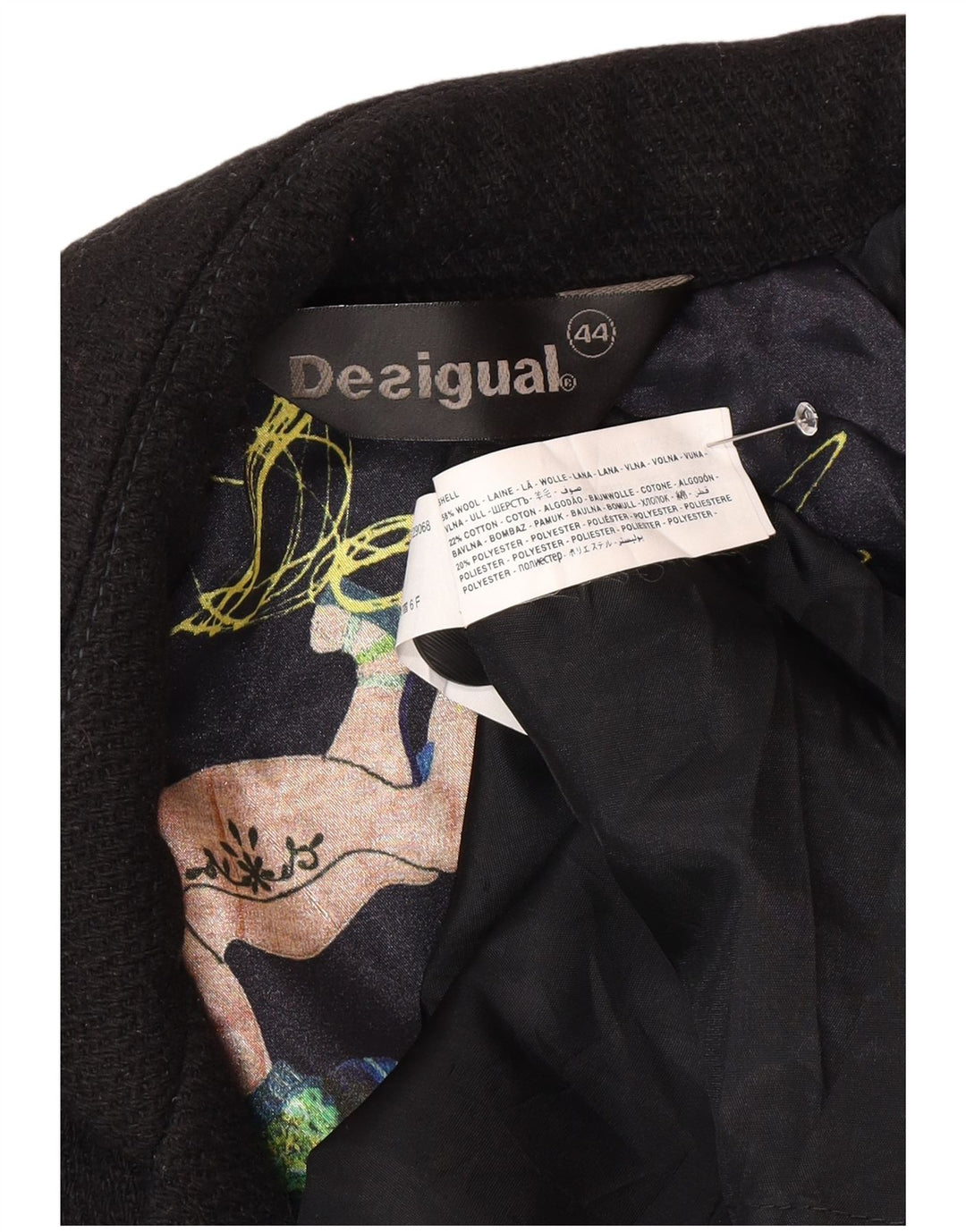 Женское пальто Desigual EU 44 XL, черное из шерсти с цветочным принтом