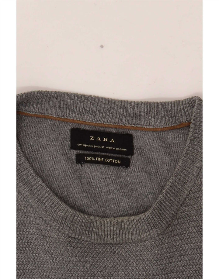 Мужской джемпер с круглым вырезом Zara, хлопковый свитер среднего серого цвета