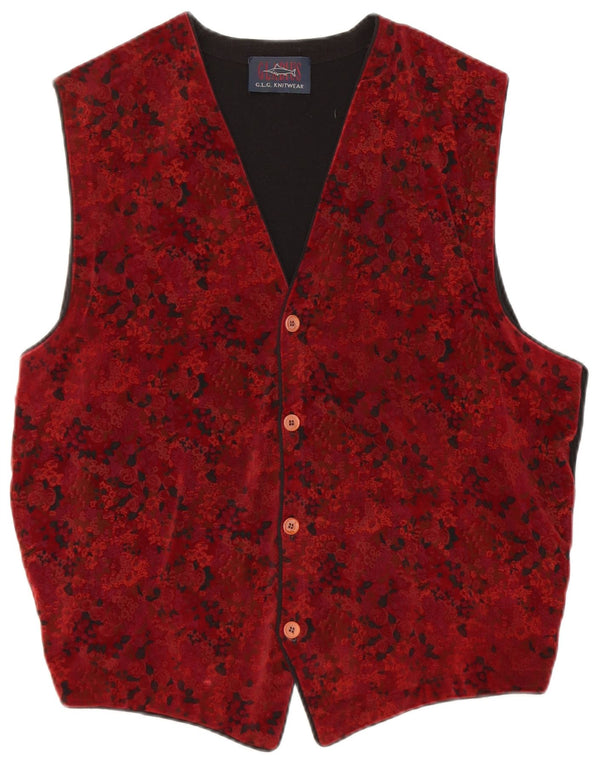 Vintage Womens Waistcoat UK 18 XL Burgundy Floral Cotton
