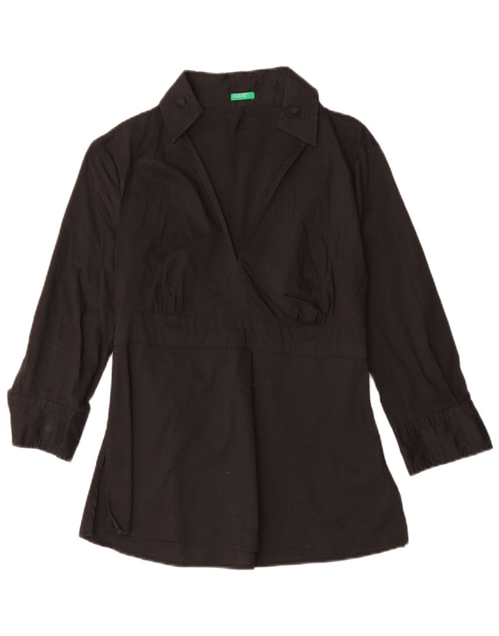 BENETTON Женская блузка с рукавом 3/4, топ UK 10, маленький, черный, хлопок