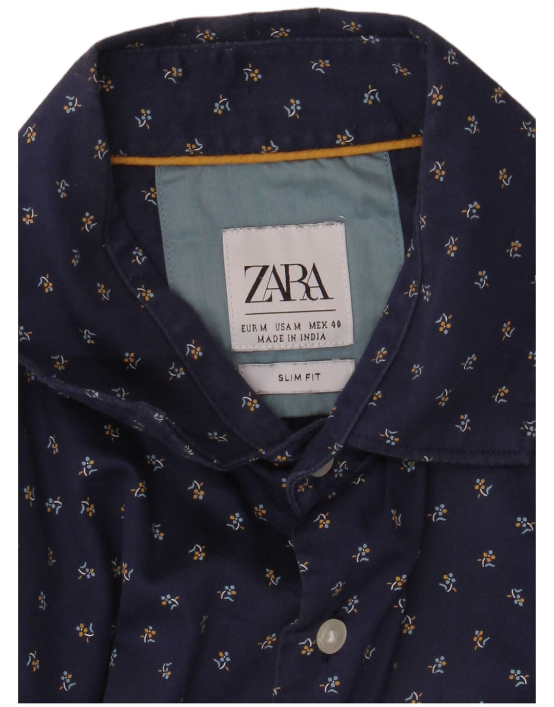 Мужская рубашка узкого кроя ZARA среднего размера, темно-синяя с цветочным принтом