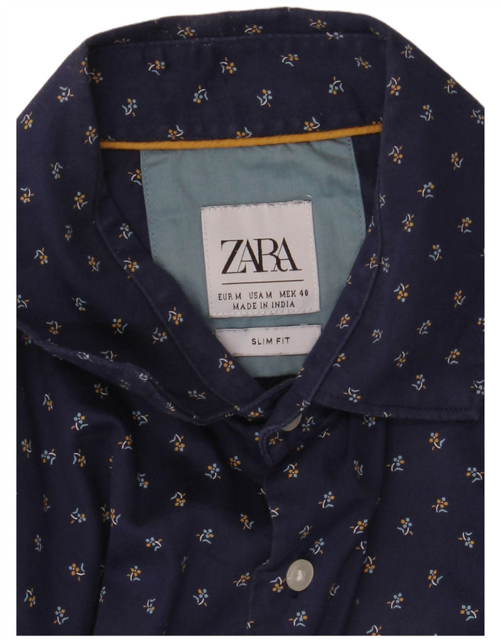 Мужская рубашка узкого кроя ZARA среднего размера, темно-синяя с цветочным принтом