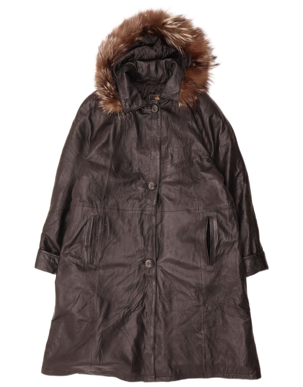 ВИНТАЖНОЕ Женское кожаное пальто оверсайз с капюшоном UK 14, средний черный кожаный