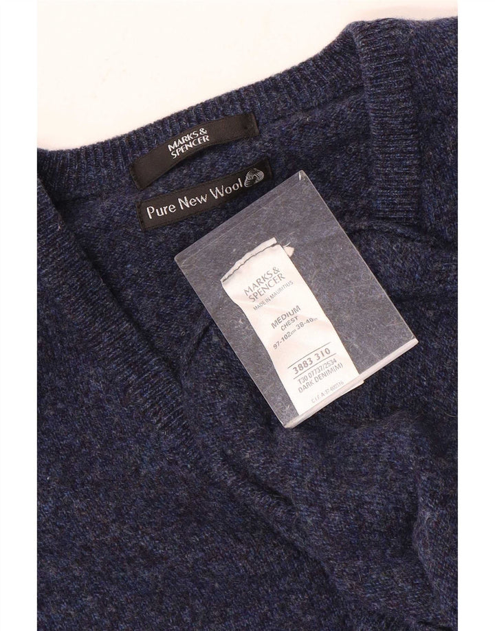 Мужской джемпер с v-образным вырезом Marks & Spencer среднего размера, темно-синий, шерстяной с крапинками