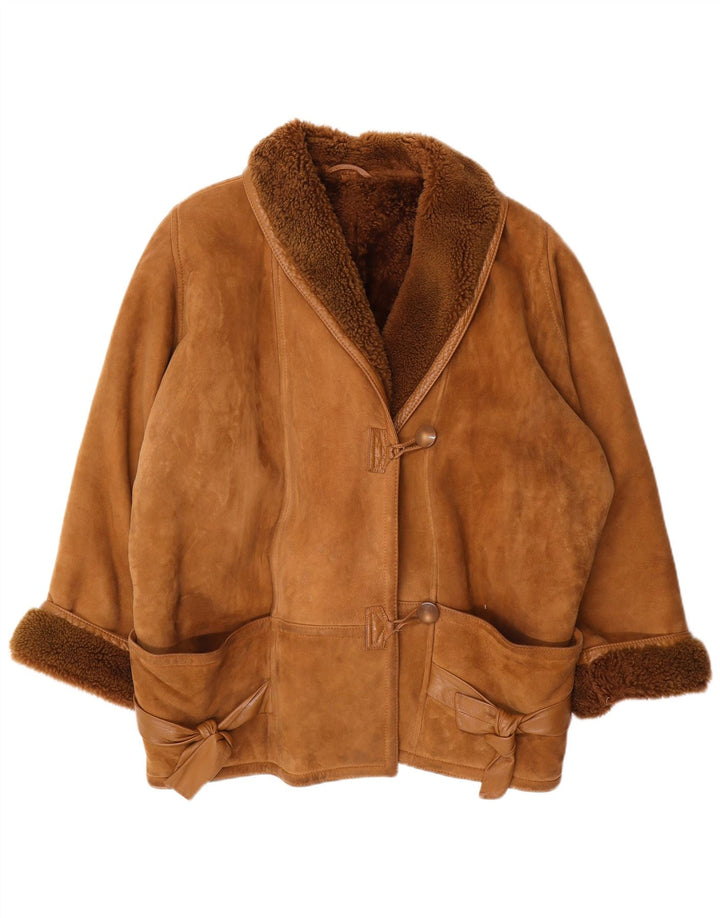 Винтажная женская объемная короткая дубленка с рукавом 3/4, EU 46 XL, коричневая