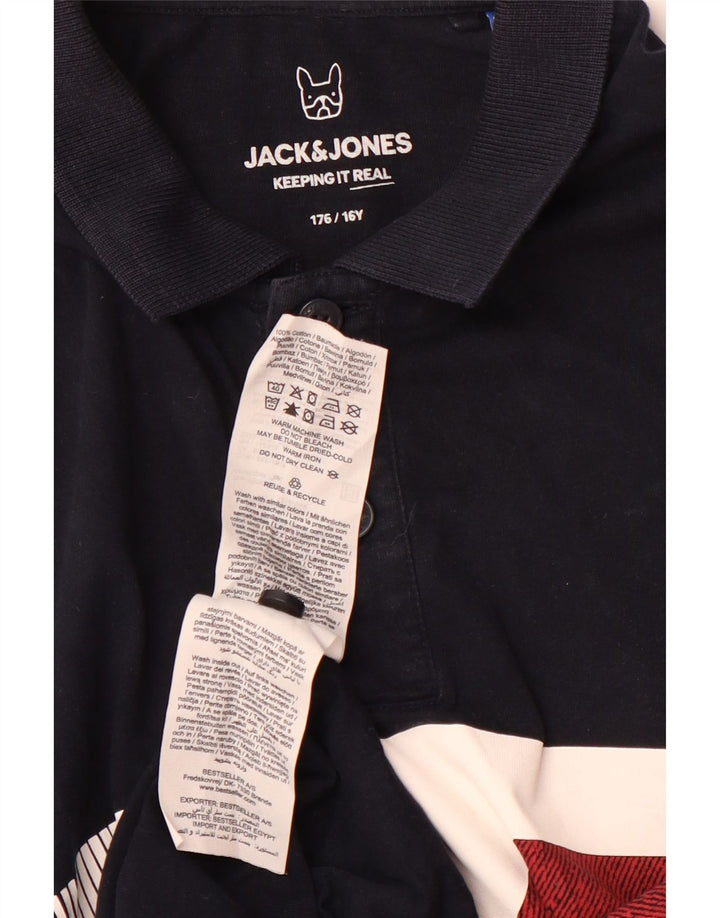 Рубашка-поло JACK & JONES для мальчиков 15–16 лет, темно-синяя, хлопок с цветными блоками