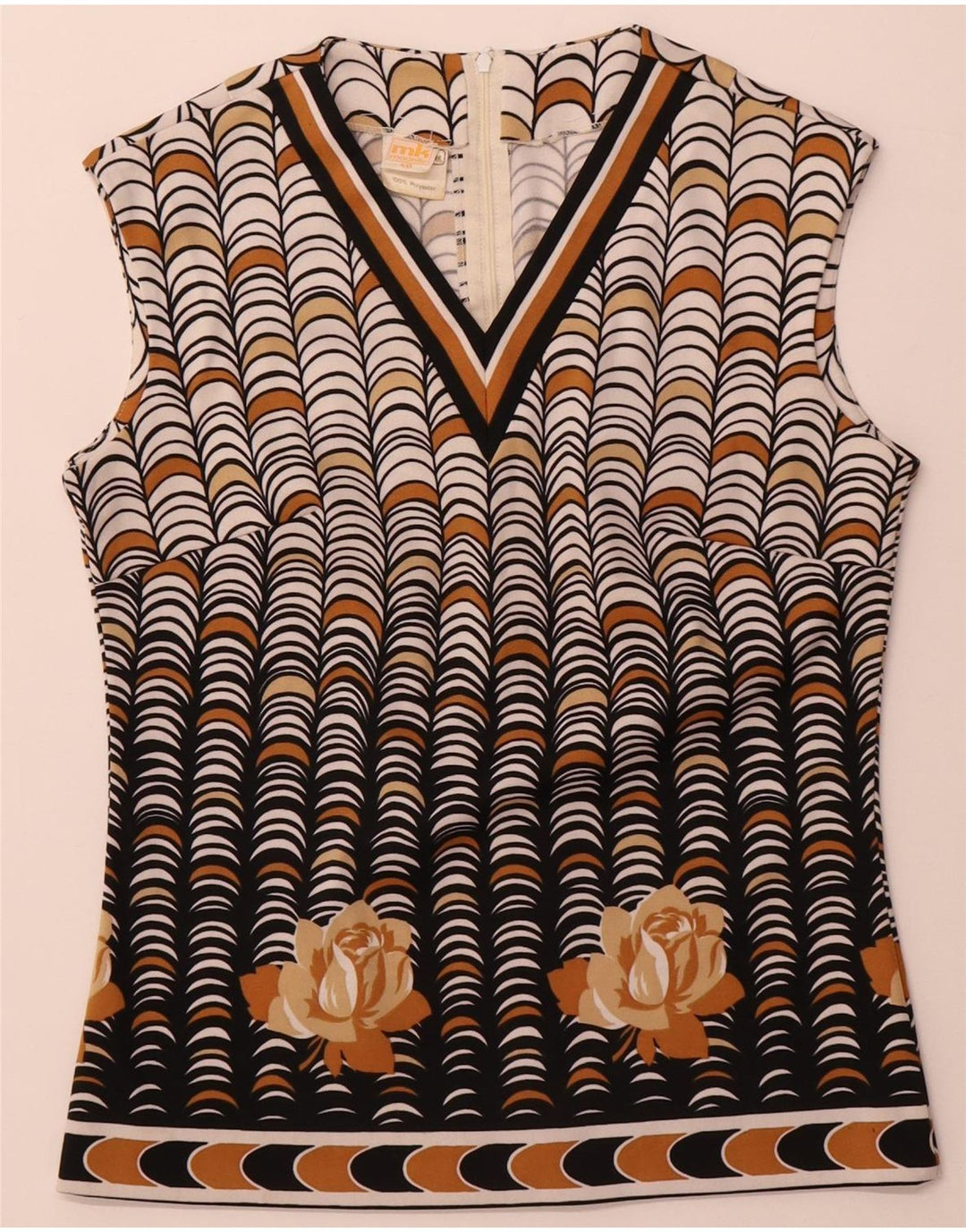 Винтажная женская блузка без рукавов Top IT 40, маленький бежевый полиэстер с геометрическим рисунком