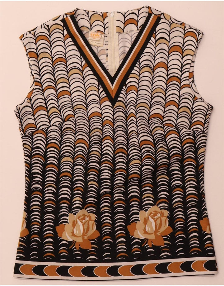 Винтажная женская блузка без рукавов Top IT 40, маленький бежевый полиэстер с геометрическим рисунком