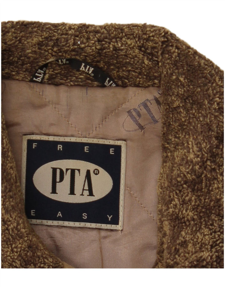 ВИНТАЖНОЕ женское двубортное кожаное пальто UK 6 XS Коричневое с цветными блоками