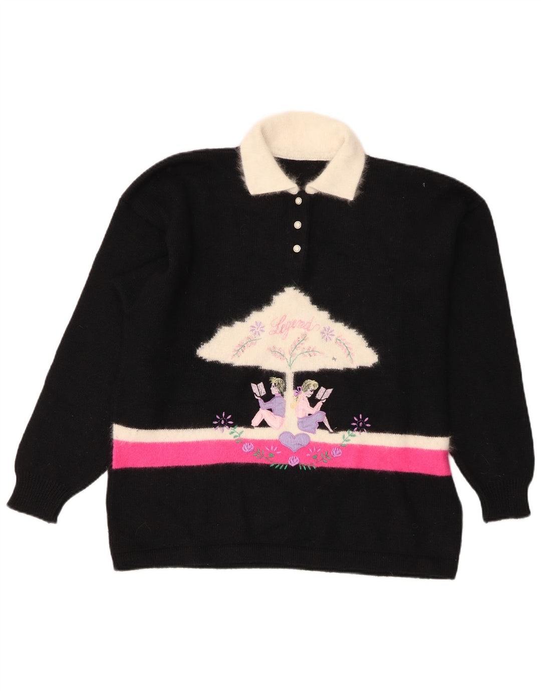 Винтажный женский джемпер с воротником-поло, Великобритания, 14, средний черный, цветных блоков