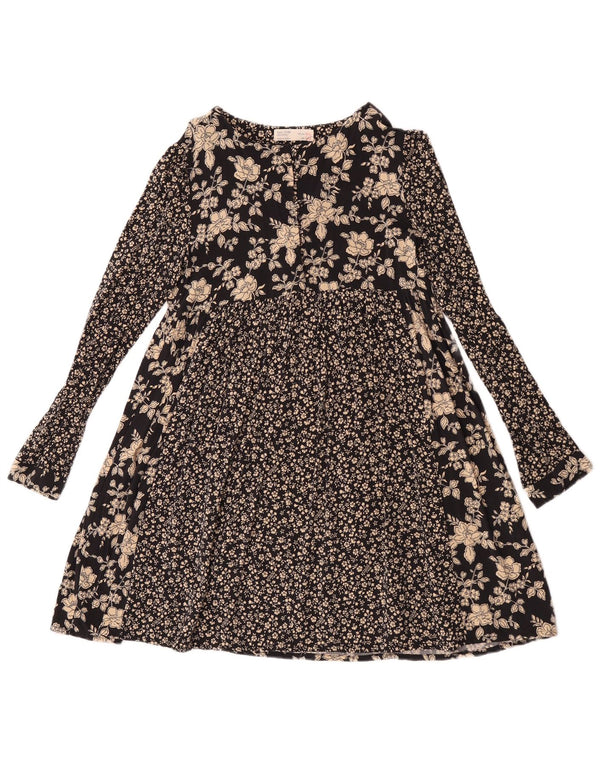 Платье А-силуэта с длинными рукавами Zara для девочек 13–14 лет, черное с цветочным принтом