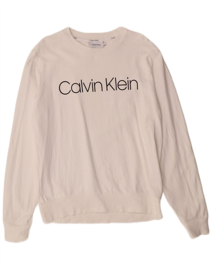 CALVIN KLEIN Mens Graphic Sweatshirt Jumper Medium White Cotton