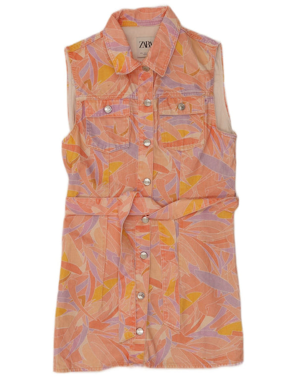 Женское джинсовое платье-рубашка без рукавов Zara UK 14, большой розовый цветочный принт