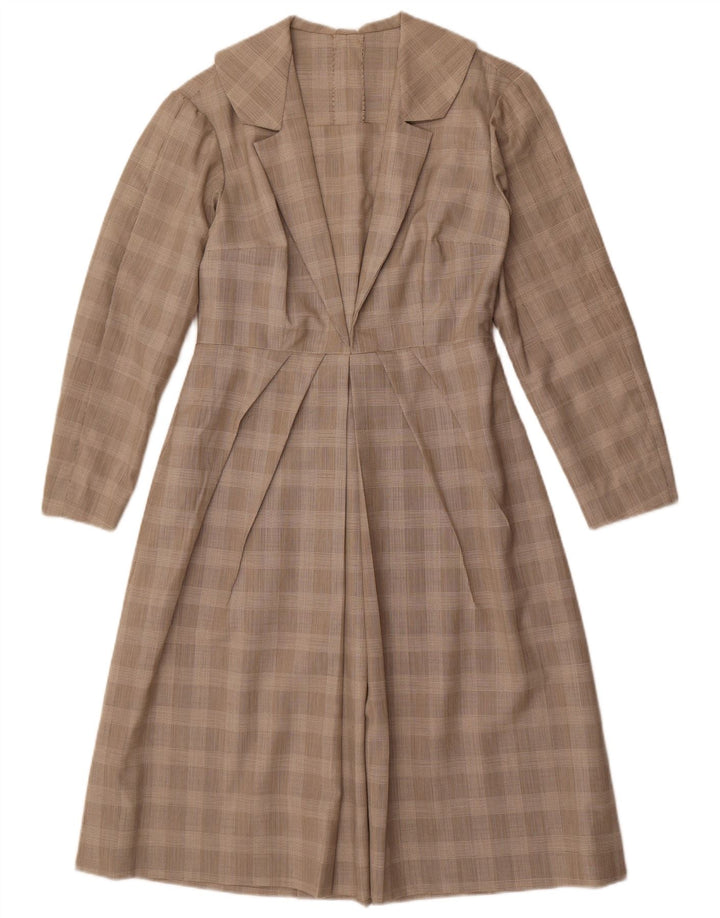 Винтажное женское платье А-силуэта с длинным рукавом UK 12, средний серый цвет в клетку