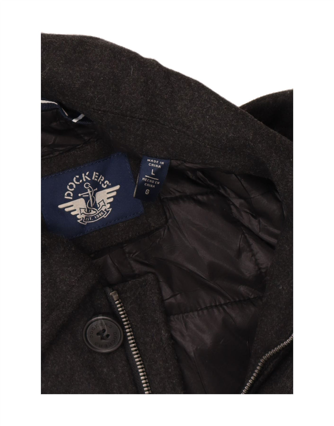 DOCKERS Mens Overcoat UK 40 Large Grey Polyester Vintage Dockers and Second-Hand Dockers from Messina Hembry 