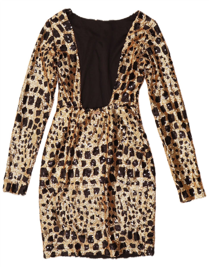 GUESS Женское облегающее платье с длинными рукавами и пайетками UK 6 XS Золото с геометрическим рисунком