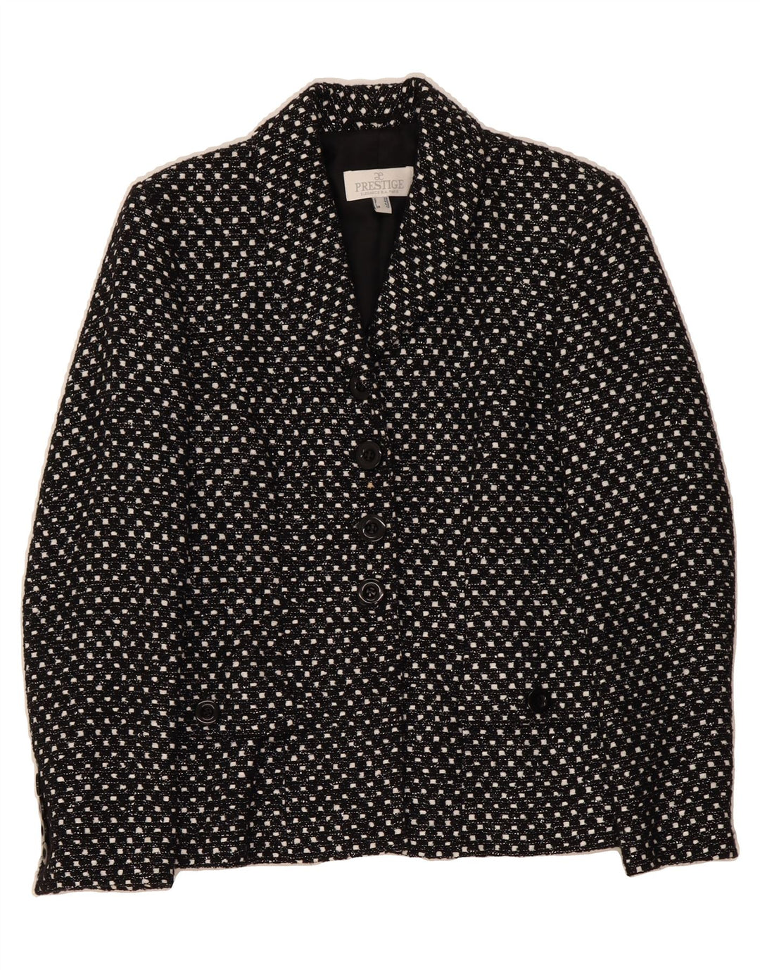 PRESTIGE Womens 4 Button Blazer Jacket UK 12 Medium  Black Spotted Wool Vintage Prestige and Second-Hand Prestige from Messina Hembry 