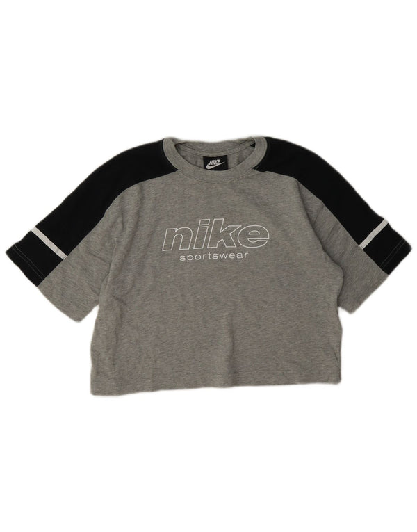 Женская укороченная футболка с графическим рисунком Nike, размер UK 8, маленький серый, хлопок с цветными блоками