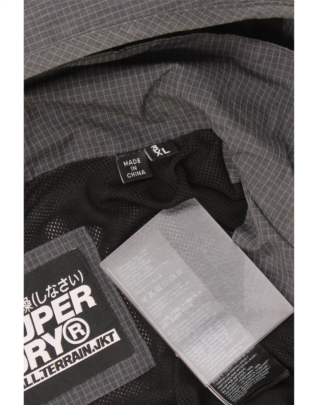 Мужская дождевик с капюшоном Superdry UK 46 3XL Серый полиэстер в клетку