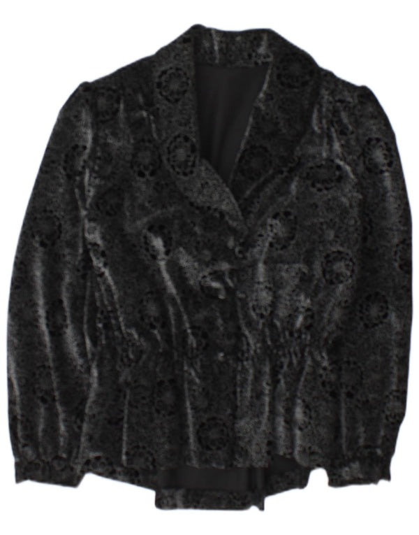 Винтажный женский пиджак на 2 пуговицах, Великобритания 14, средний черный с цветочным принтом