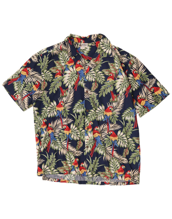 Винтажная мужская гавайская рубашка с коротким рукавом XL, темно-синяя, хлопковая с цветочным принтом