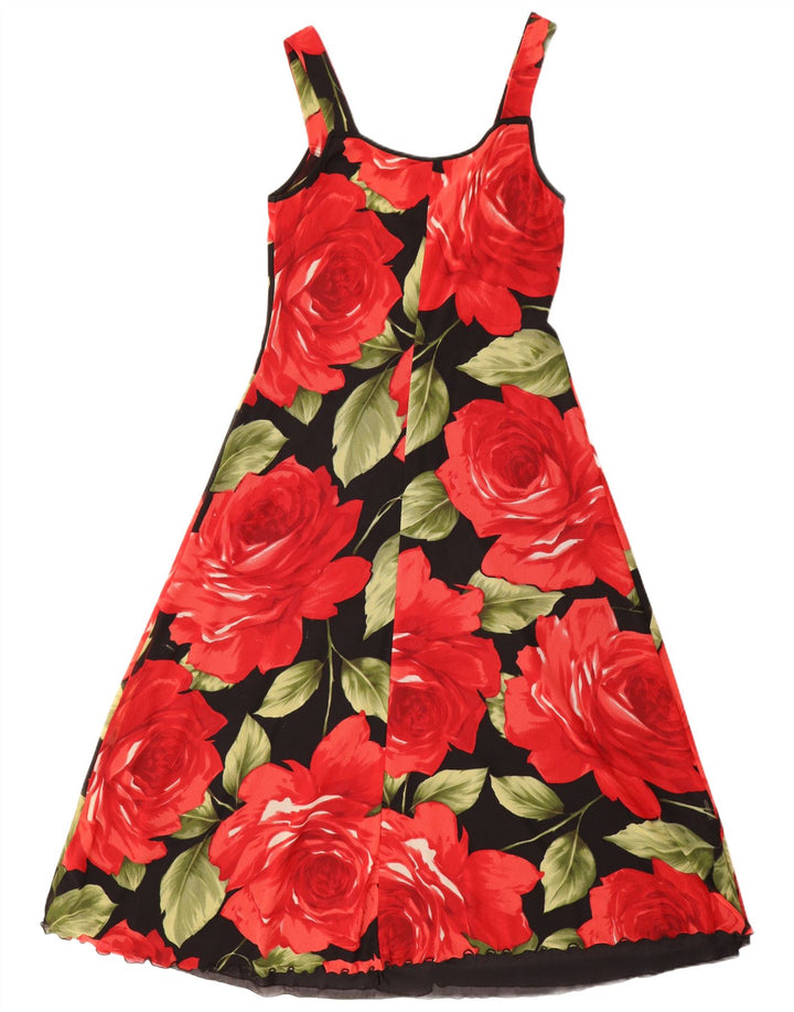 ВИНТАЖНОЕ женское платье макси без рукавов UK 12, средний черный с цветочным принтом, полиамид