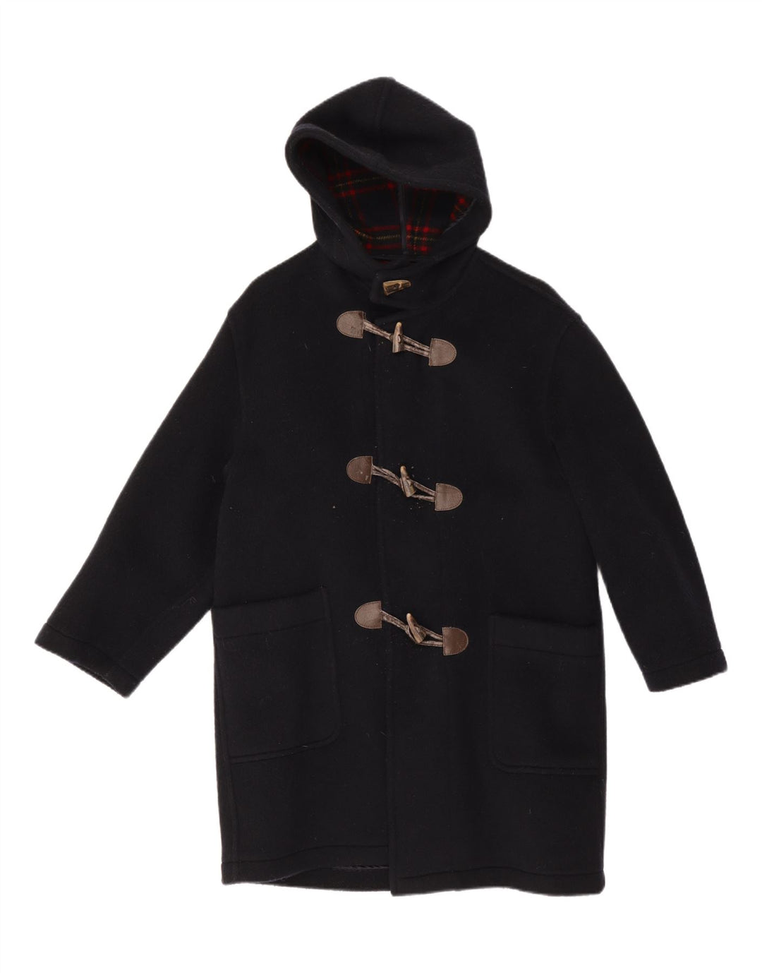 Винтажный мужской дафлкот с капюшоном UK 38, средний темно-синий из натуральной шерсти