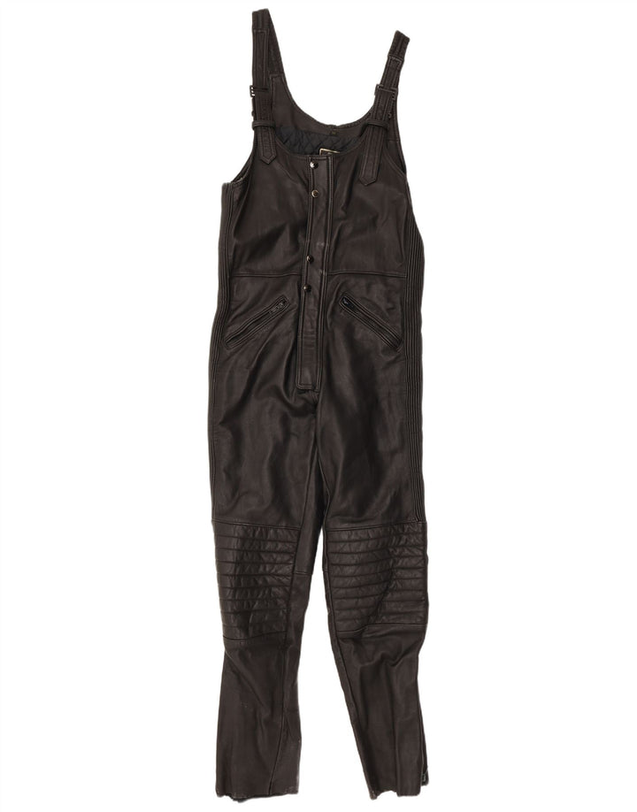 ВИНТАЖНЫЙ женский кожаный комбинезон без рукавов UK 12, средний черный кожаный