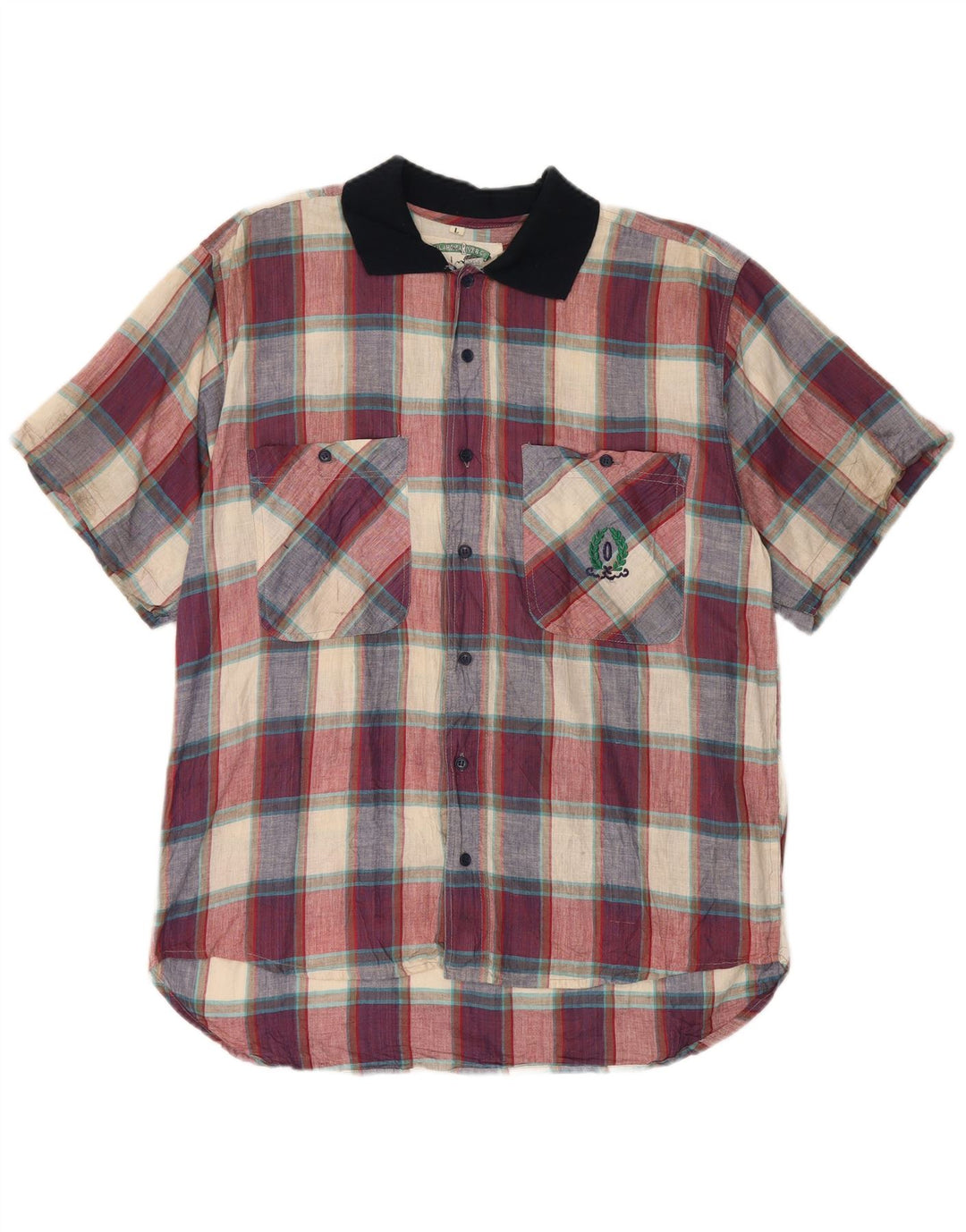 Винтажная мужская рубашка с коротким рукавом, большая разноцветная клетка, хлопок