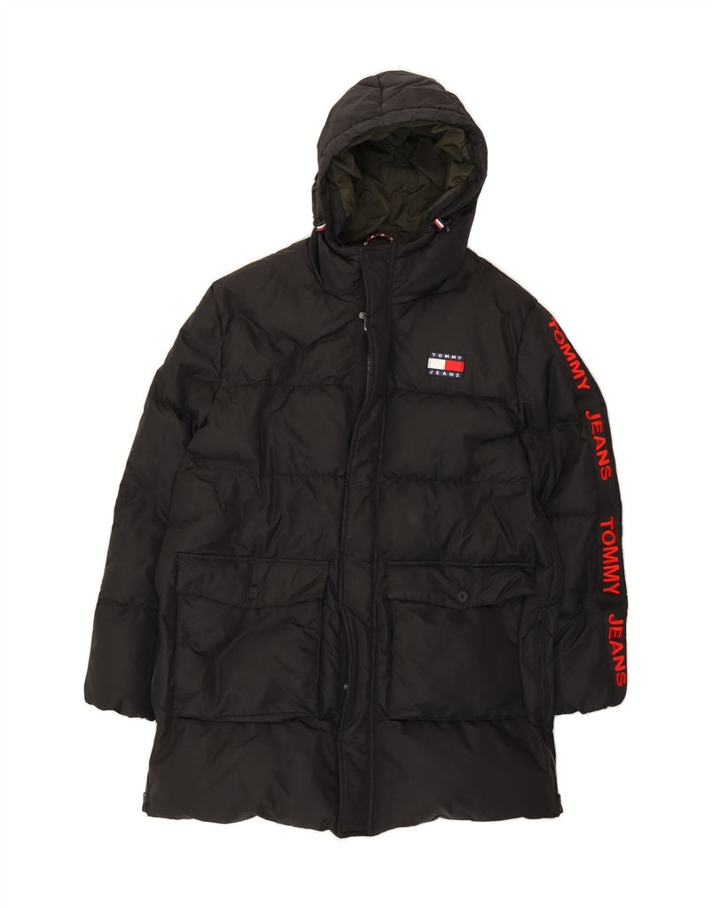 TOMMY HILFIGER Mens Graphic Hooded Padded Coat UK 44 2XL Black Polyamide Vintage Tommy Hilfiger and Second-Hand Tommy Hilfiger from Messina Hembry 