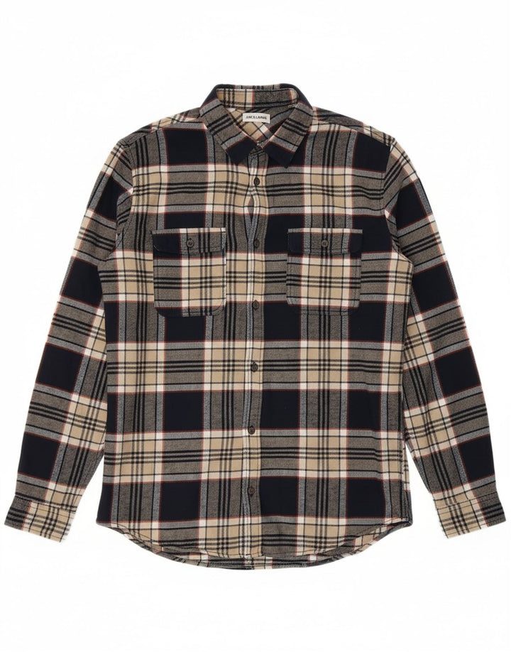 JACK & JONES Mens Flannel Shirt Large Beige Check Cotton