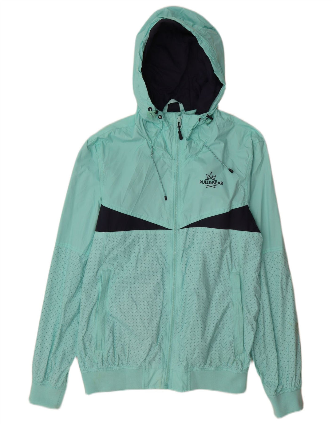 Мужская дождевик Pull & Bear с капюшоном UK 40, большой бирюзовый нейлон с цветными блоками