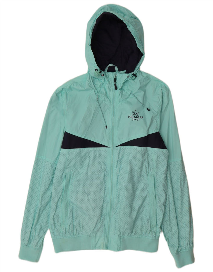 Мужская дождевик Pull & Bear с капюшоном UK 40, большой бирюзовый нейлон с цветными блоками