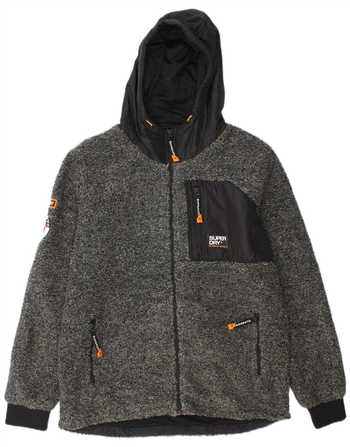 Мужская флисовая куртка SUPERDRY с капюшоном UK 44 2XL, серая, полиэстер с цветными блоками