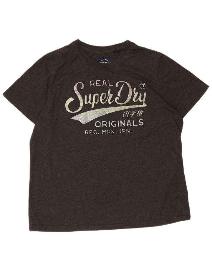 SUPERDRY Женская футболка с рисунком Top UK 16, большой серый хлопок с крапинками