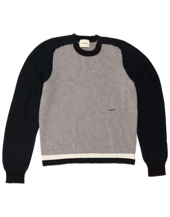 Женский джемпер с круглым вырезом Iceberg, Великобритания, 12, средний серый цвет, шерсть с цветными блоками