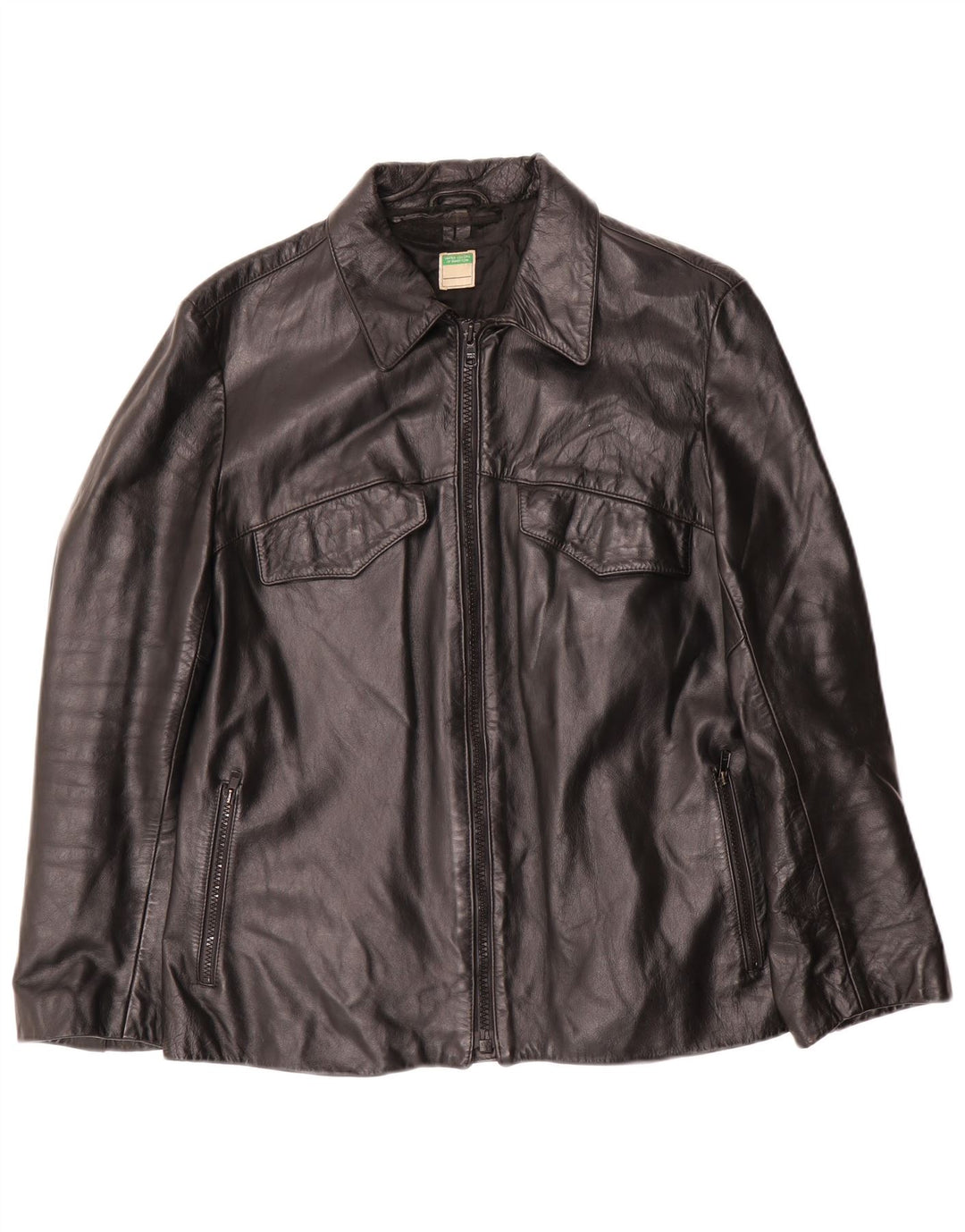 Женская кожаная куртка Benetton UK 14, черная кожа среднего размера