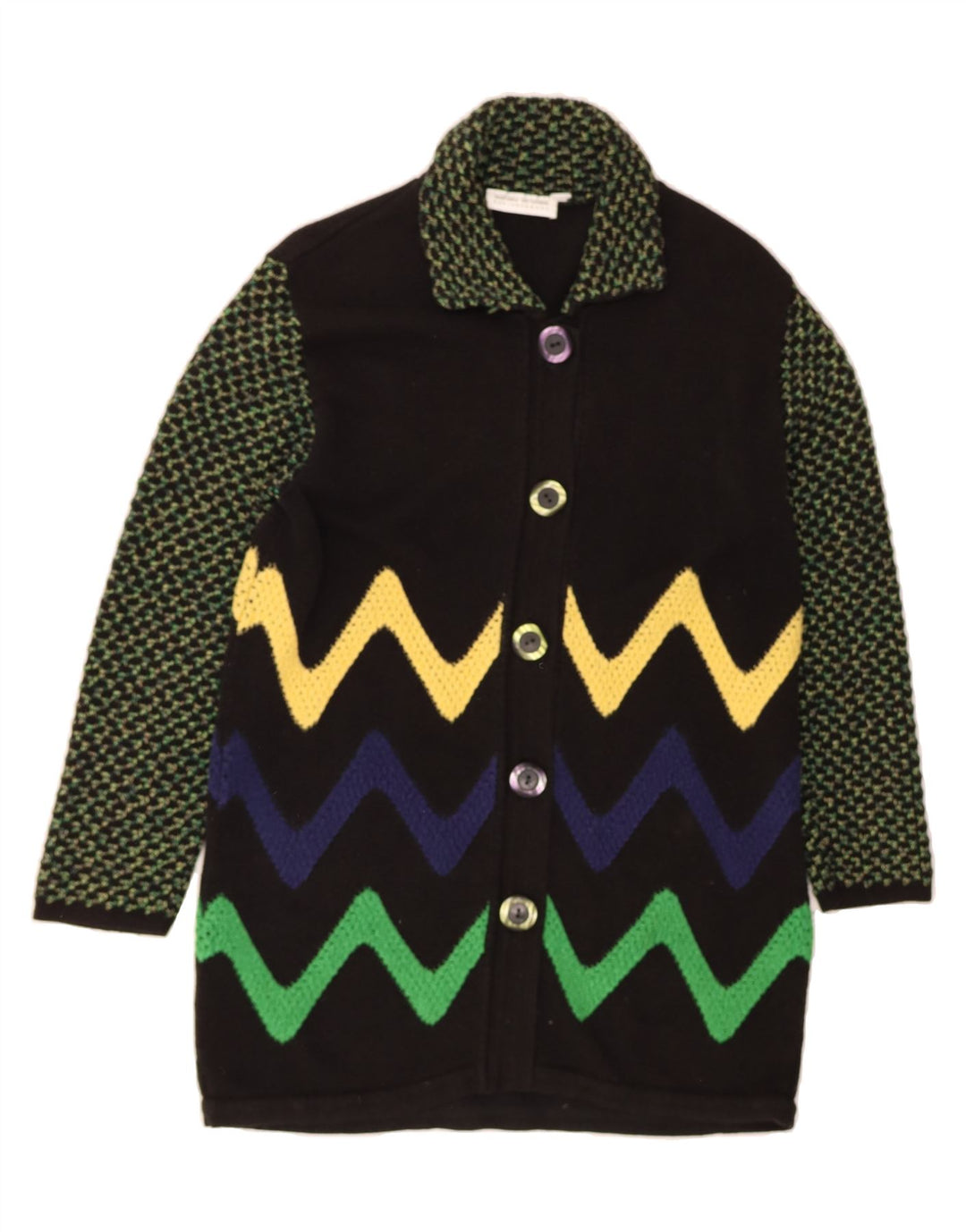 ASHLEY BROOKE Womens Longline Cardigan Sweater UK 12 Medium Black Chevron Vintage Ashley Brooke and Second-Hand Ashley Brooke from Messina Hembry 