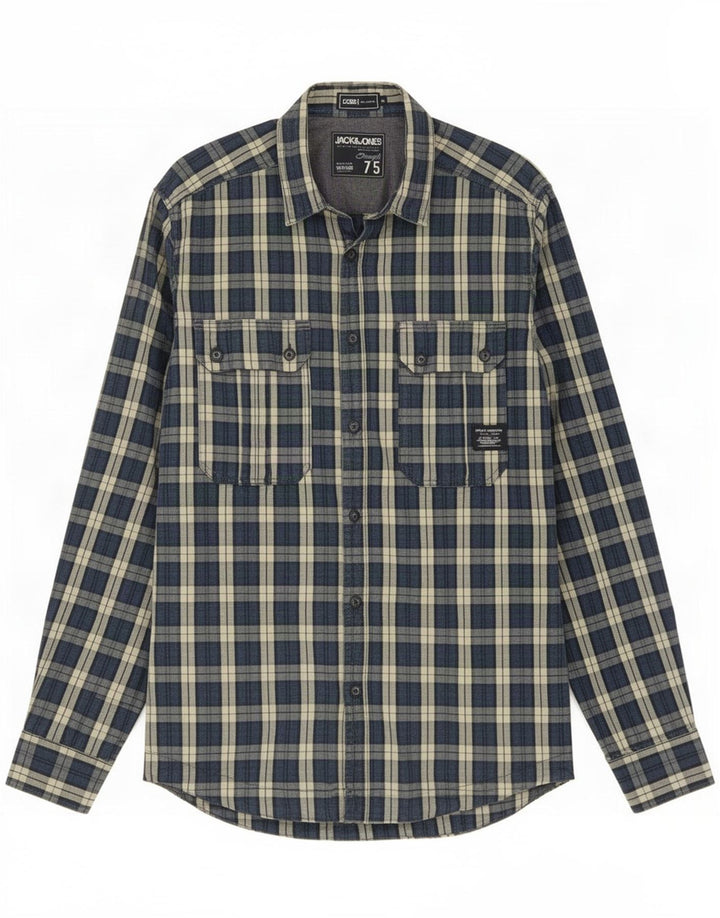 Мужская рубашка Jack & Jones среднего размера, темно-синяя клетка, хлопок