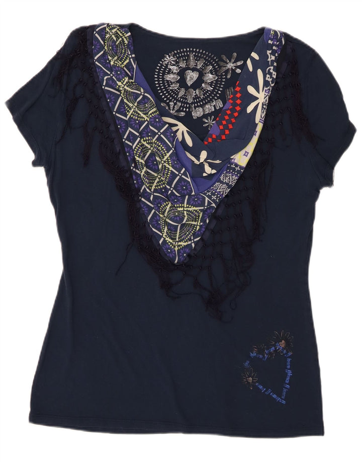 Женская футболка с рисунком Desigual Top UK 18 XL Темно-синяя в стиле пэчворк