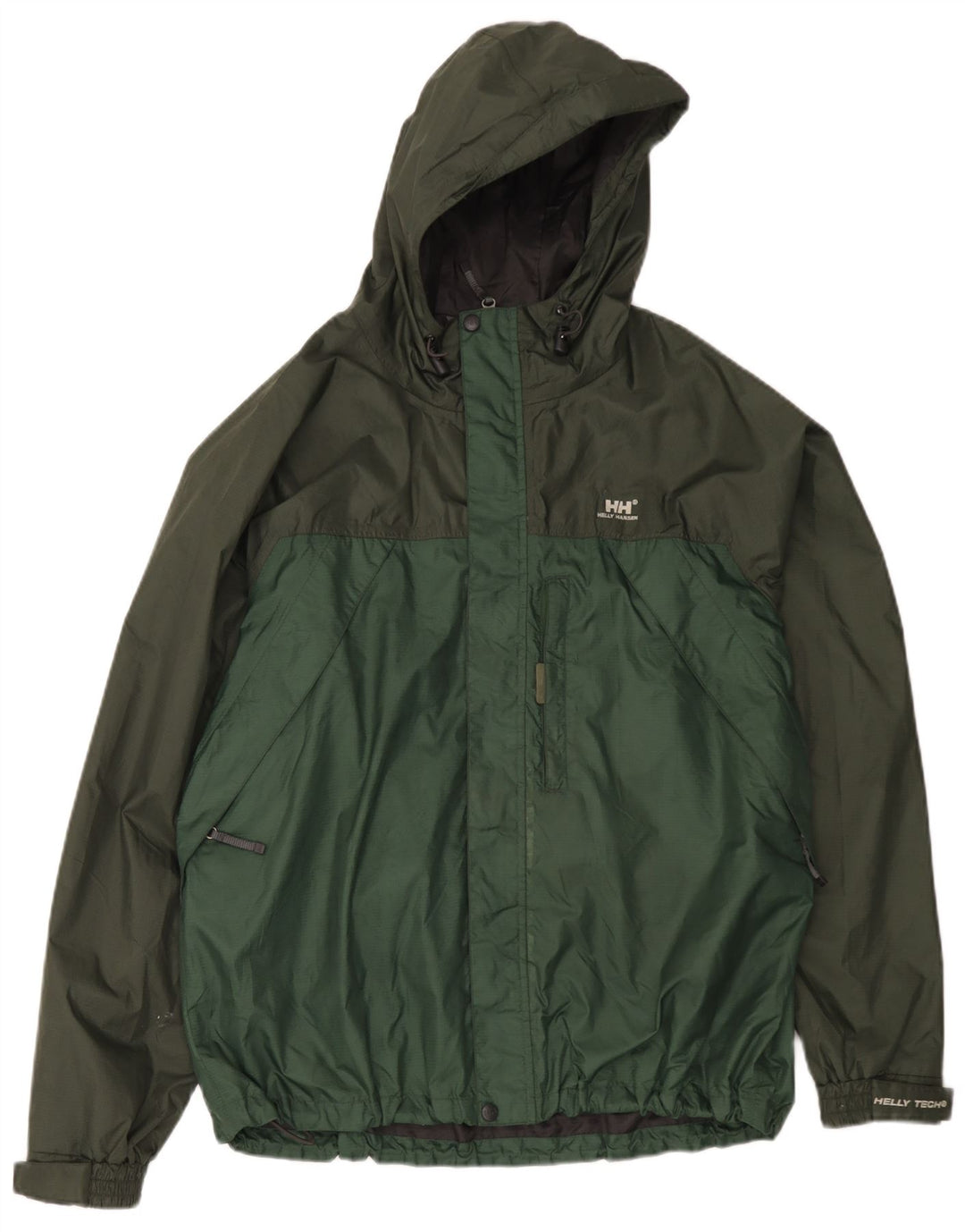 Мужская дождевик Helly Hansen с капюшоном UK 40, большой зеленый нейлон с цветными блоками