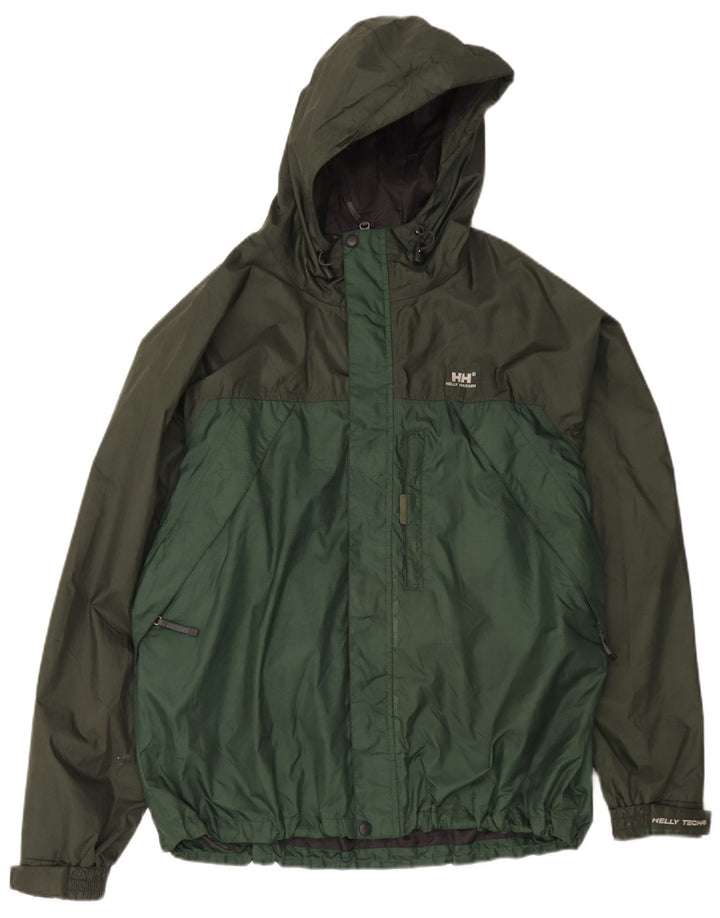 Мужская дождевик Helly Hansen с капюшоном UK 40, большой зеленый нейлон с цветными блоками