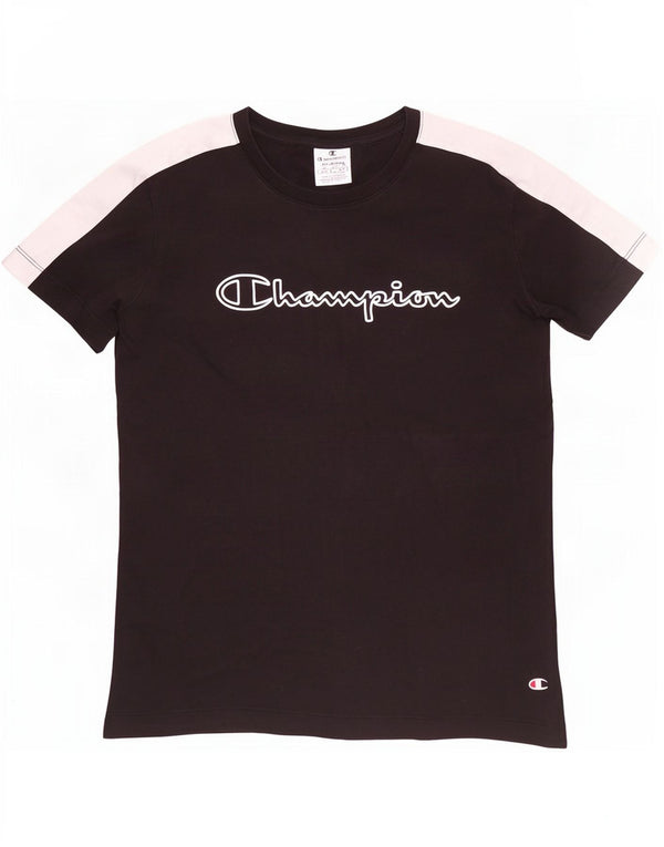 Champion Womens Graphic T-Shirt Top UK 12 Medium Black Colourblock