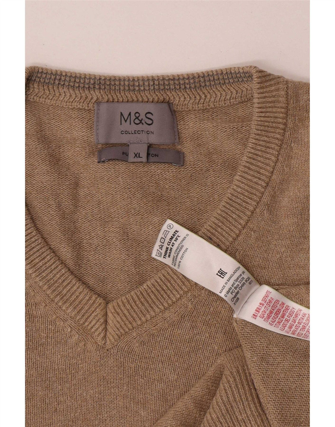 Мужской джемпер с v-образным вырезом Marks & Spencer XL, бежевый хлопок