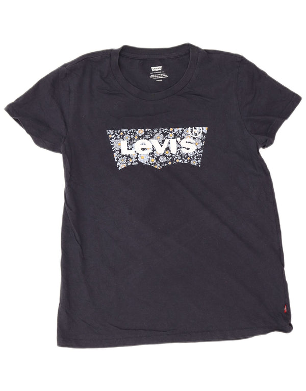Женская футболка с рисунком Levi's Top UK 10, маленькая, темно-синяя, хлопковая с цветочным принтом