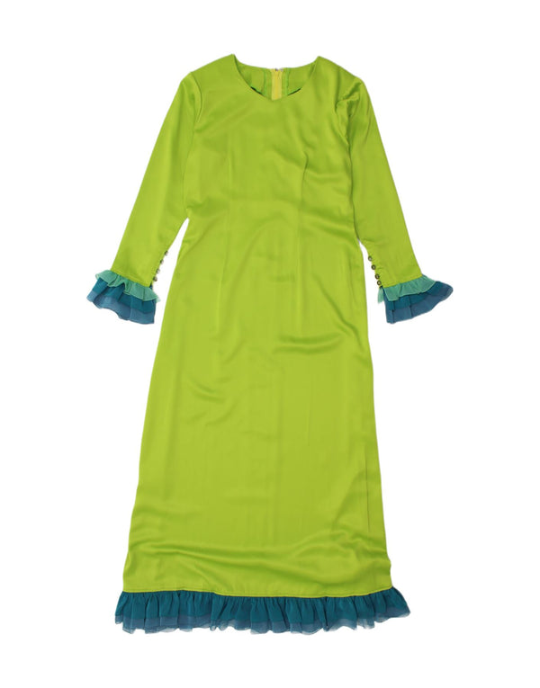 Винтажное женское платье макси с длинными рукавами и рюшами, Великобритания, 12, средний зеленый цвет, цветные блоки